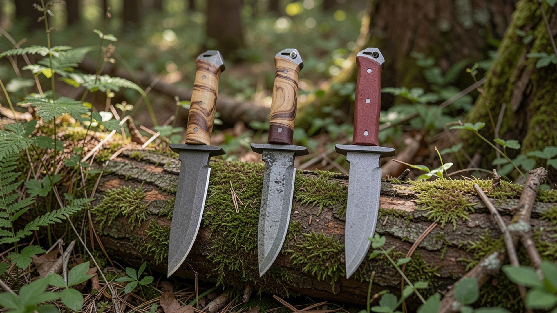 Bushcraft bıçak: ahşap, mikarta ve G10 benzeri saplara sahip üç kılıflı bushcraft bıçağının yan yana ürün çekimi