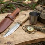 Doğal ahşap kamp masasında güvenli kılıfının yanında duran sade sabit bushcraft bıçağı