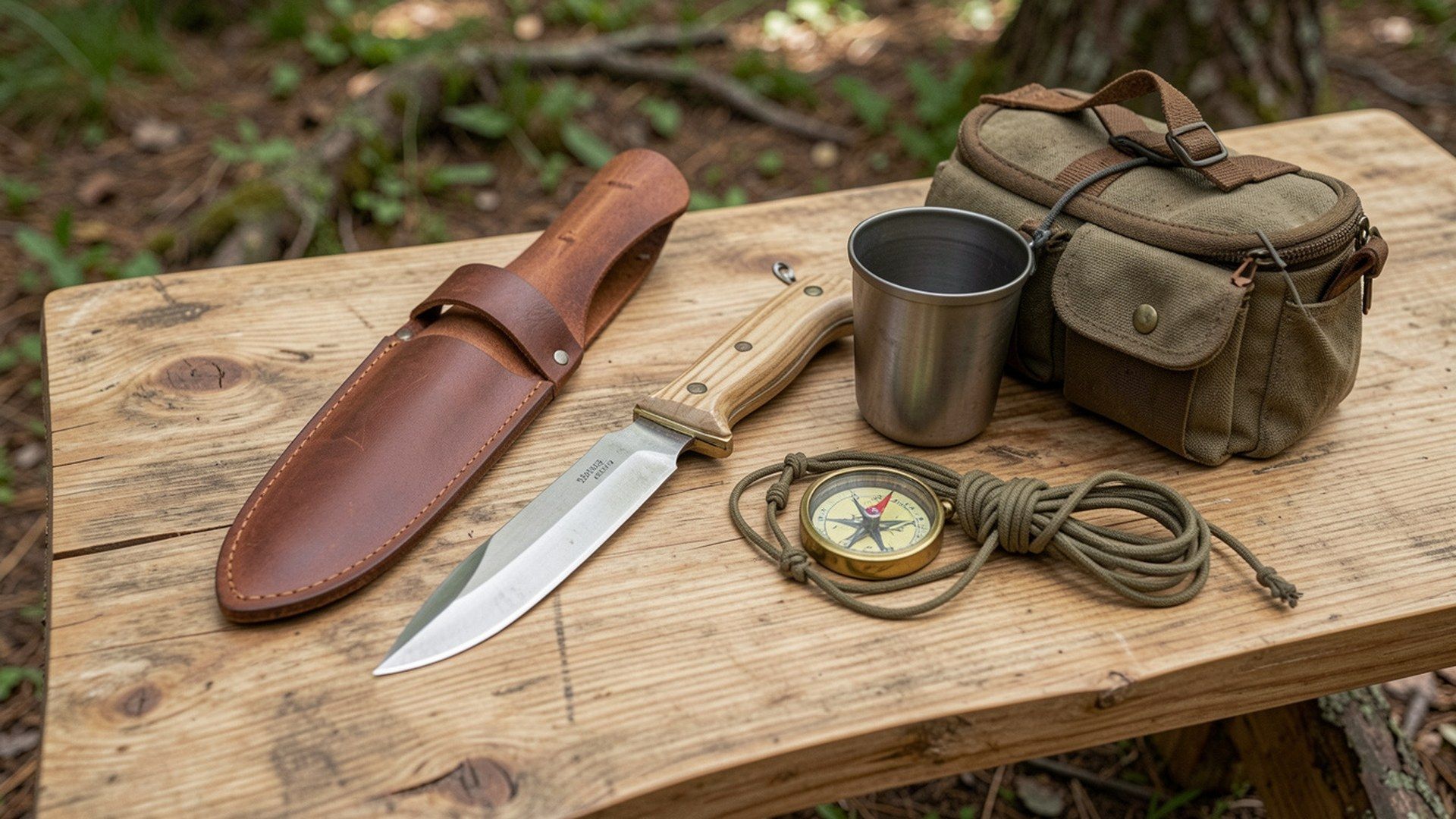 Doğal ahşap kamp masasında güvenli kılıfının yanında duran sade sabit bushcraft bıçağı
