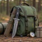Kamp masasında güvenli biçimde kılıfının yanında duran orta boy outdoor kamp bıçağı